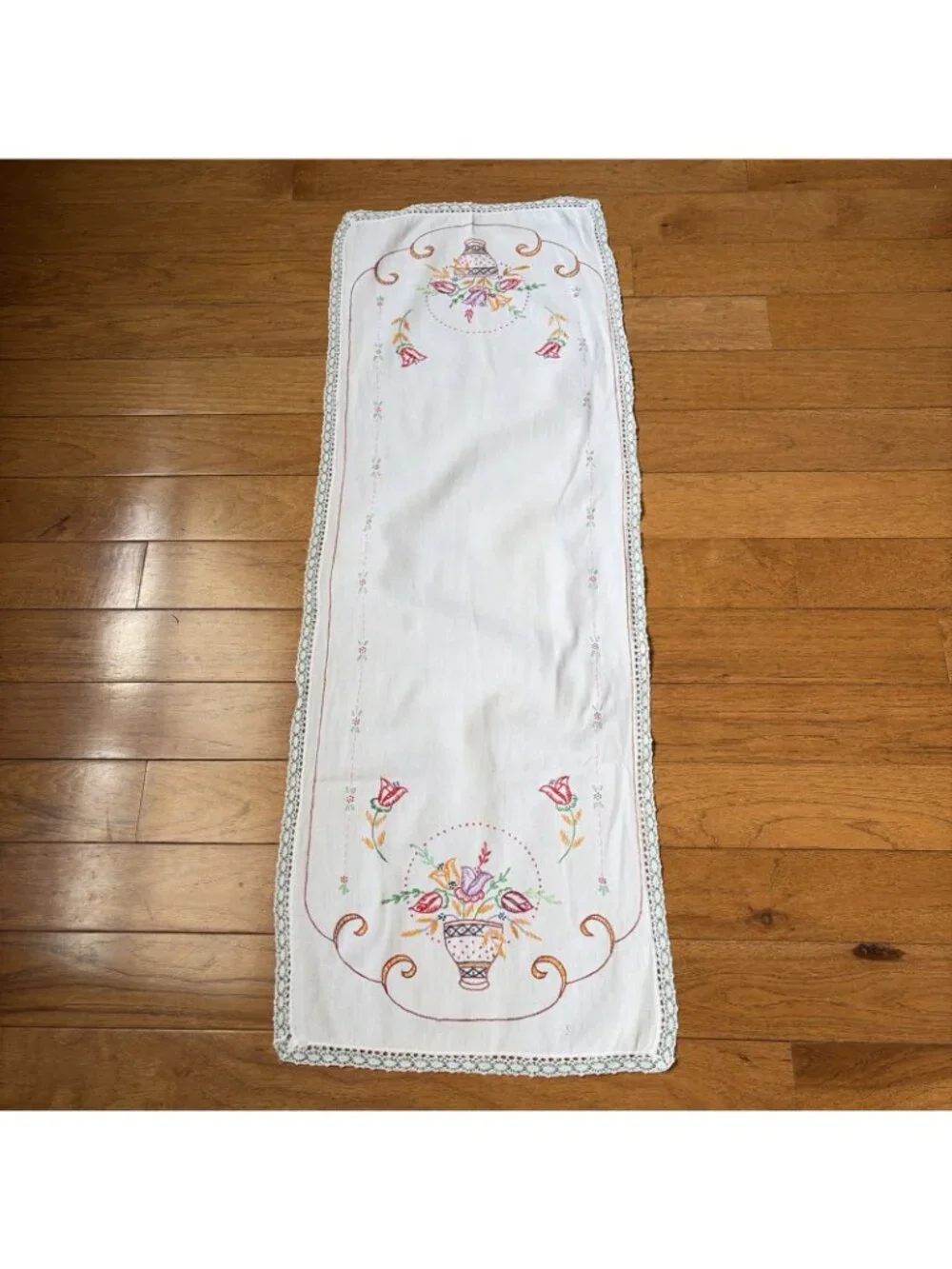 VTG Embroidered Table Runner 40x14 Multicolor Flowers in Basket Crochet Trim